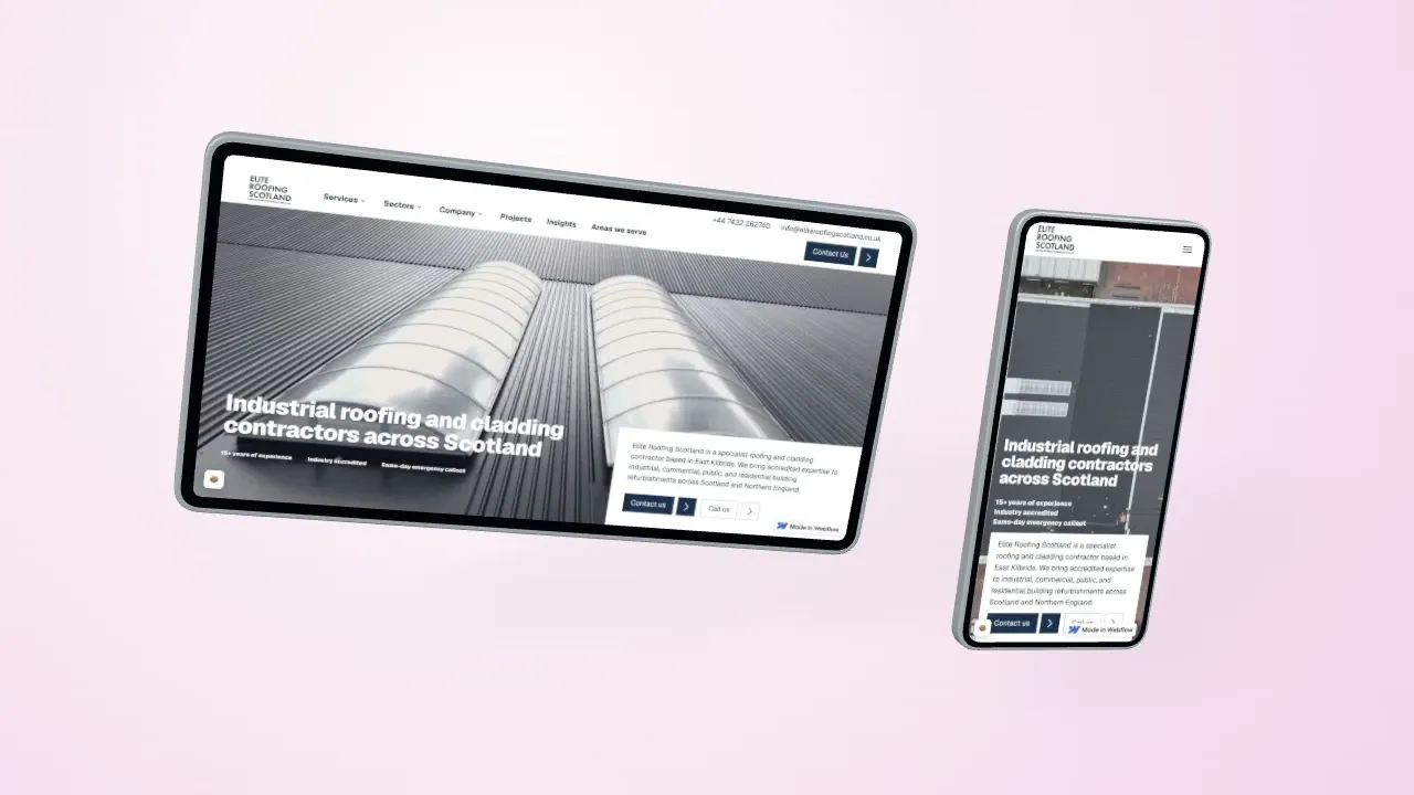 Elite Roofing Scotland’s Webflow homepage on a floating desktop display and phone, showing roofing projects.
