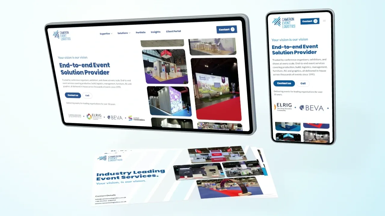 Cameron Event Logistics website on metal screens above a layered printed brochure.